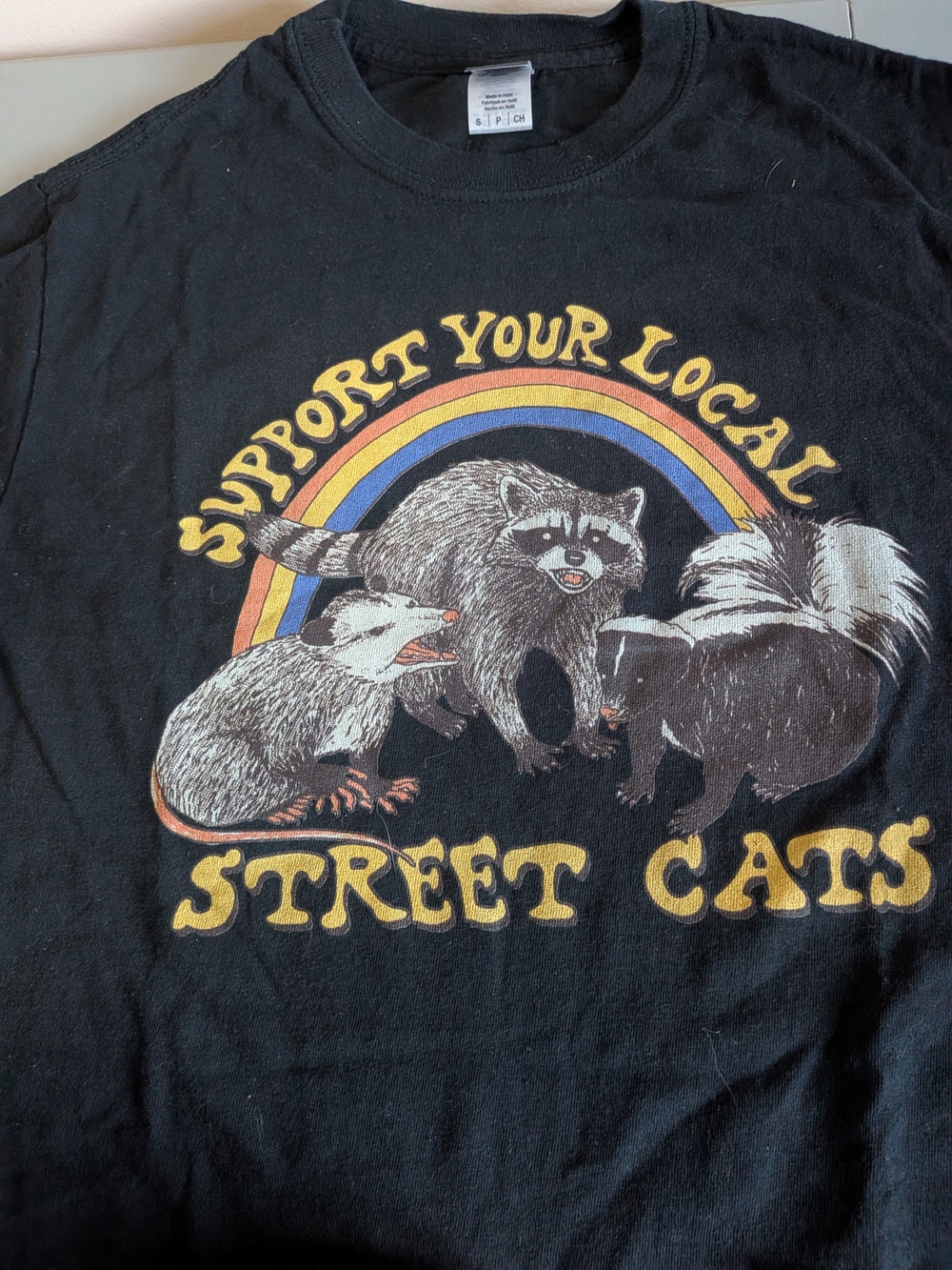 Gildan Black 'Support Your Local Street Cats' Graphic Tee with Rainbow Accent